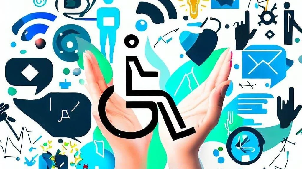 Ilustração colorida com diversos ícones e desenhos que remetem à acessibilidade e à comunicação.