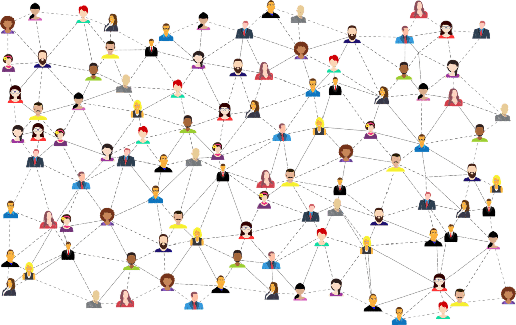 Ilustração de pessoas variadas interligadas entre si por linhas pontilhadas.