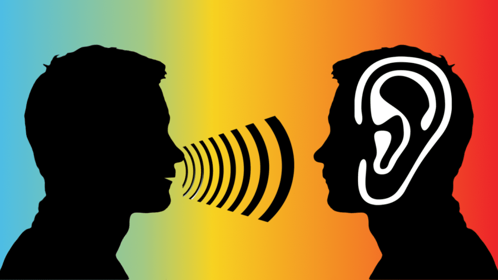 Ilustração de duas pessoas de perfil, frente a frente, uma fala e a outra escuta com uma grande orelha.