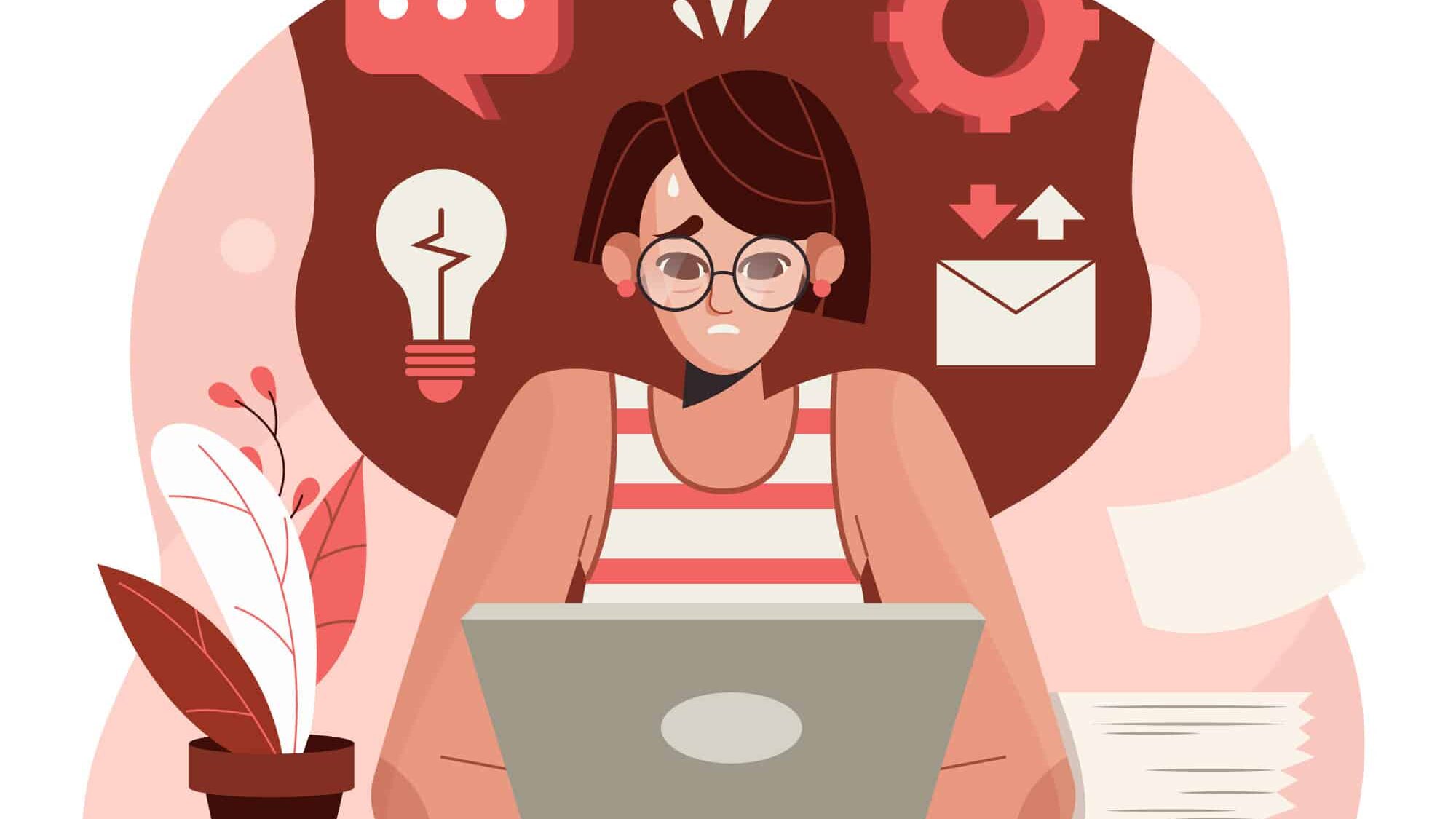 Ilustração de uma mulher em frente a um laptop com as mãos no teclado. Ela olha para a tela com expressão tensa. Ao seu redor, há ícones de carta, balão de diálogo, engrenagem e lâmpada.