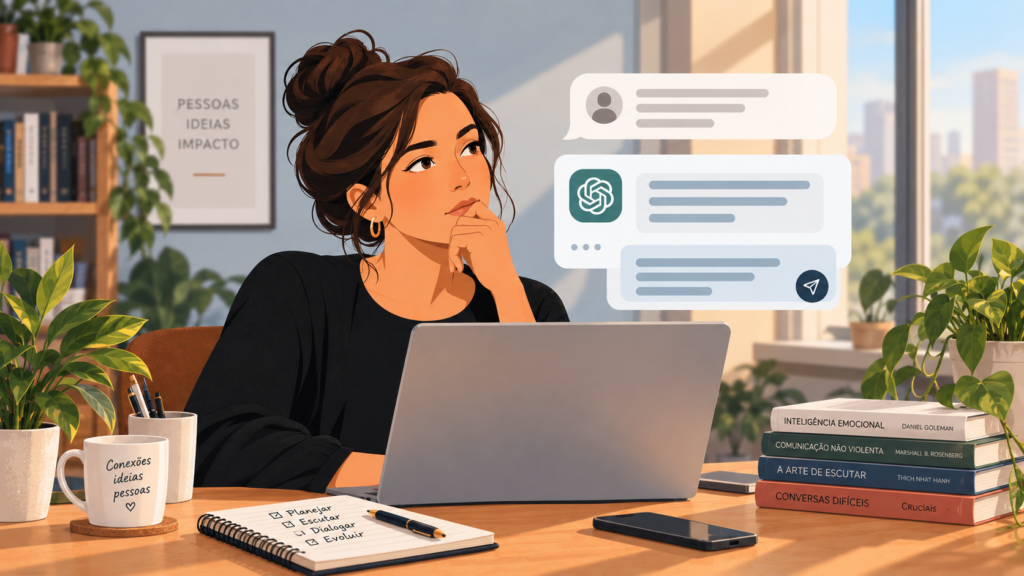 Ilustração de uma mulher diante de um notebook, com a mão apoiada no queixo. Ao lado dela, balões de conversa com símbolo de inteligência artificial e livros sobre comunicação, escuta e inteligência emocional.