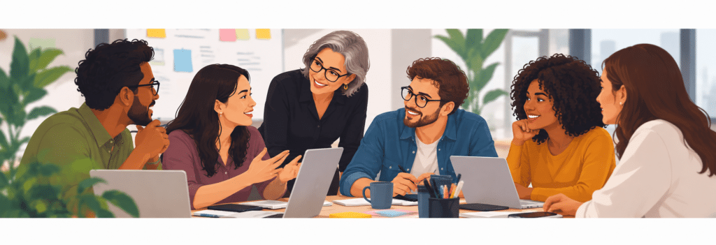 Ilustração de seis pessoas de diferentes idades reunidas ao redor de uma mesa. Algumas conversam e gesticulam enquanto as demais olham em sua direção. Sobre a mesa há notebooks, cadernos, canecas e materiais de escritório.