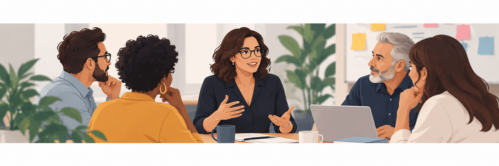Ilustração de cinco pessoas de diferentes idades reunidas ao redor de uma mesa. Uma mulher ao centro fala e gesticula enquanto as demais olham em sua direção. Sobre a mesa há notebook, cadernos e canecas.