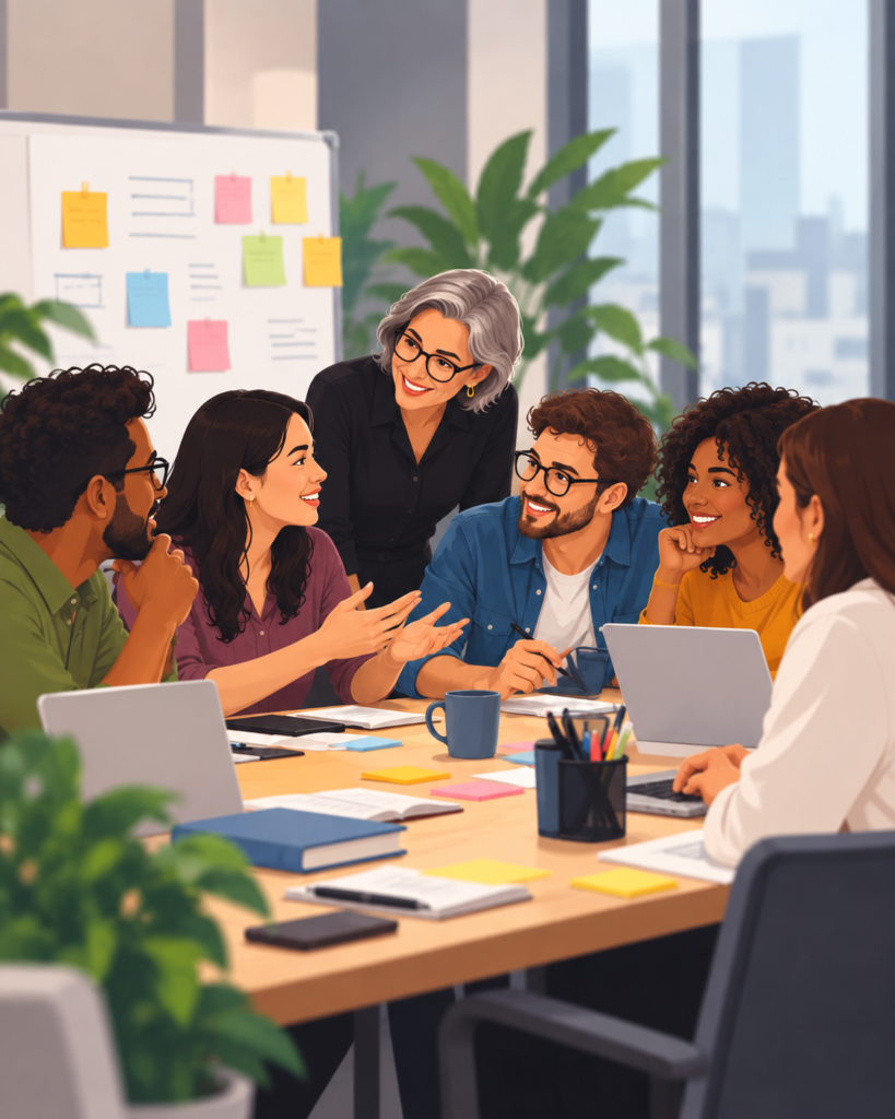 Ilustração de seis pessoas de diferentes idades reunidas ao redor de uma mesa. Algumas conversam e gesticulam enquanto as demais olham em sua direção. Sobre a mesa há notebooks, cadernos, canecas e materiais de escritório.