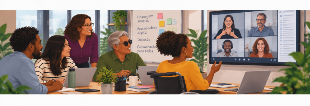 Ilustração de cinco pessoas reunidas em uma sala, olhando para uma tela com quatro participantes em videoconferência, incluindo uma intérprete de Libras. Uma mulher usa cadeira de rodas e outra usa óculos escuros. Ao fundo, aparecem as expressões “Linguagem simples”, “Acessibilidade digital”, “Inclusão” e “Comunicação para todos”.