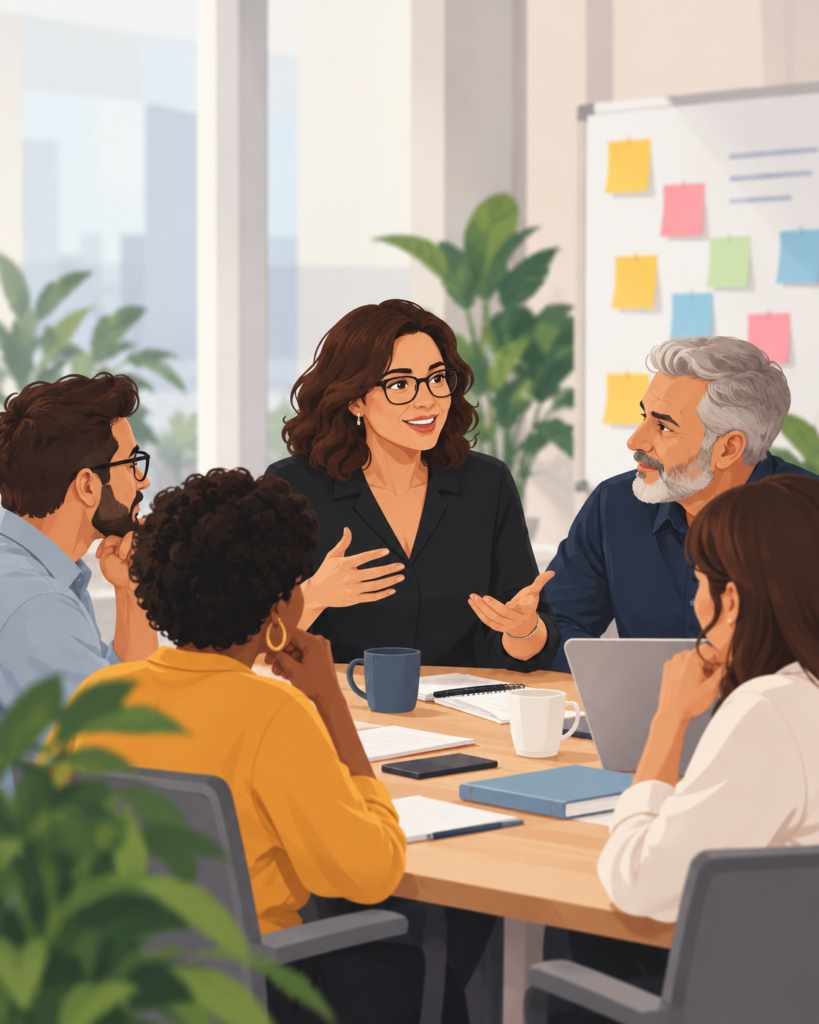 Ilustração de cinco pessoas de diferentes idades reunidas ao redor de uma mesa. Uma mulher ao centro fala e gesticula enquanto as demais olham em sua direção. Sobre a mesa há notebook, cadernos e canecas.
