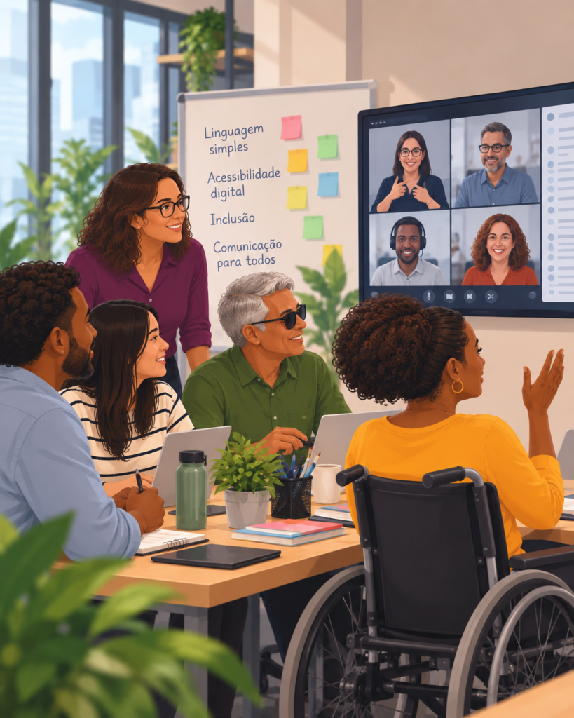 Ilustração de cinco pessoas reunidas em uma sala, olhando para uma tela com quatro participantes em videoconferência, incluindo uma intérprete de língua de sinais. Uma mulher usa cadeira de rodas e outra usa óculos escuros. Ao fundo, aparecem as expressões “Linguagem simples”, “Acessibilidade digital”, “Inclusão” e “Comunicação para todos”.